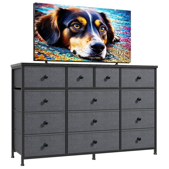 Romorgniz Dresser TV Stand for 55" TV with 13 Storage Drawers for Living Room Fabric Dresser for Closet, Wood Top, Sturdy Metal Frame, Gray