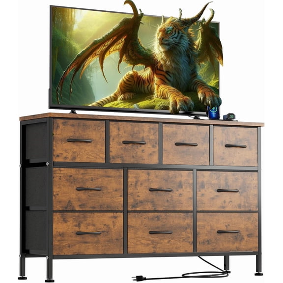 Dresser TV Stand with Power Outlet, 43" Long Dresser for Bedroom with 10 Fabric Drawers, Chest of Drawers for Living Room, Hallway(Rustic Brown)