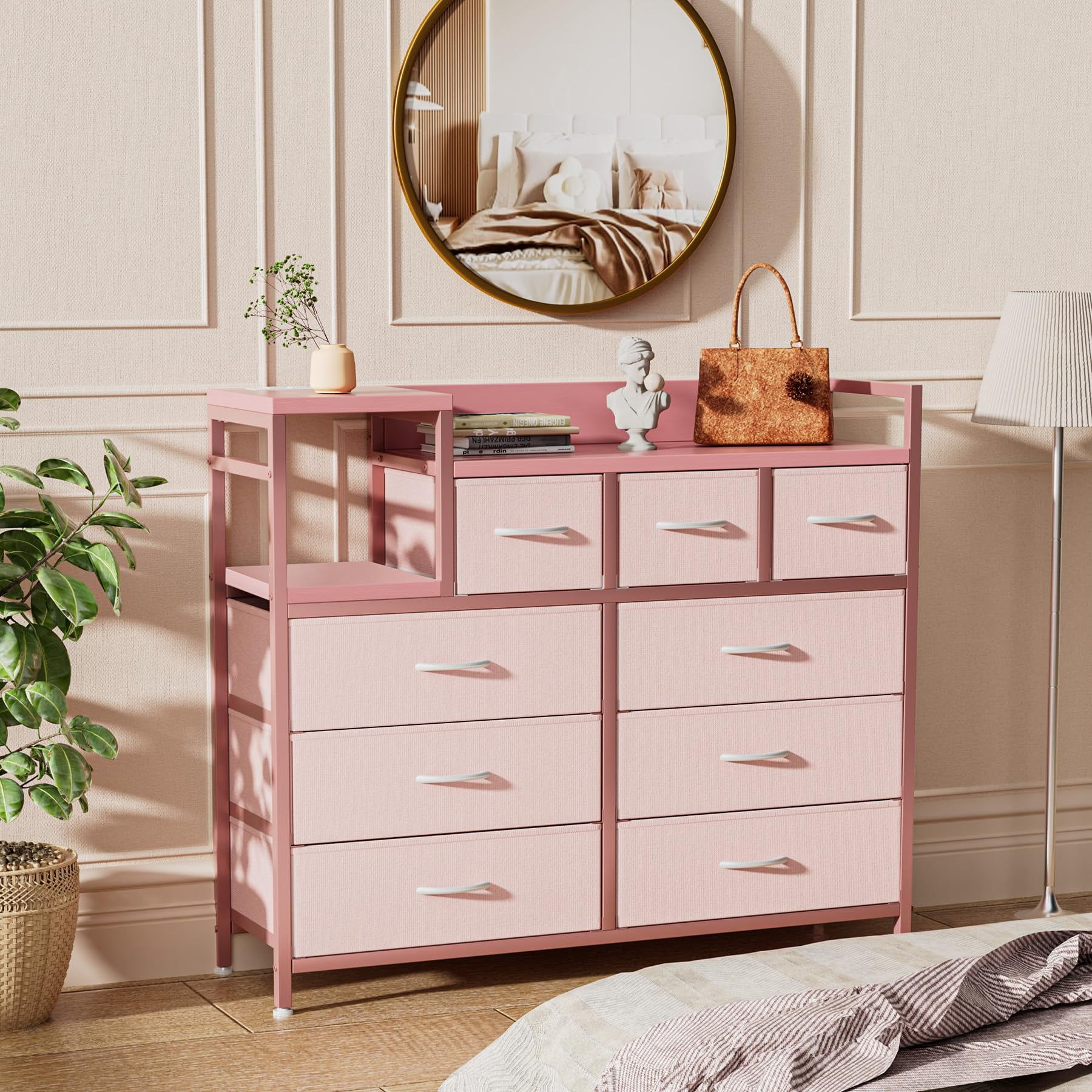 Dresser TV Stand with Power Outlet, Bedroom Dresser with 9 Drawers, Chest of Drawers for Living Room, Hallway(Rustic Brown)