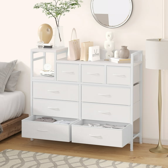 Dresser TV Stand with Power Outlet, Bedroom Dresser with 9 Drawers, Chest of Drawers for Living Room, Hallway(White)