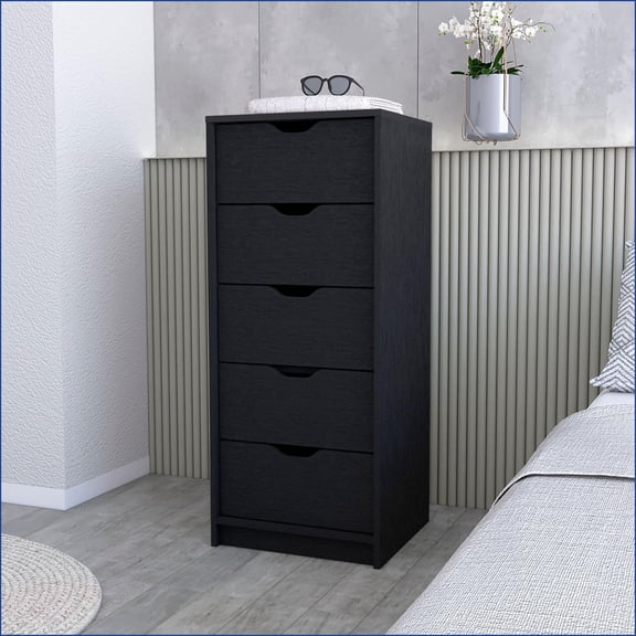 Dresser, Tall 5-Drawer Narrow Chest with Storage | Black | Particle Board