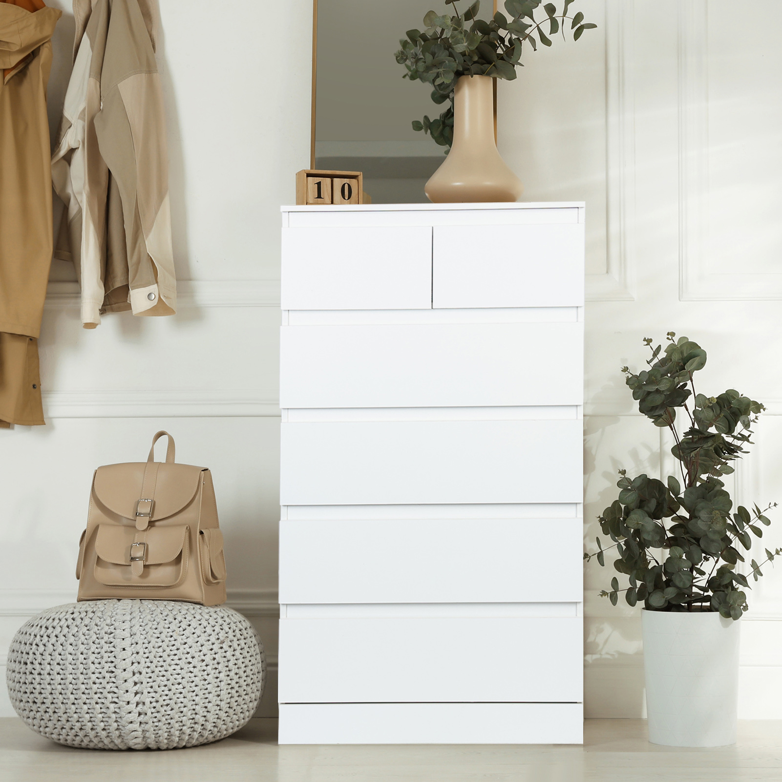 Dresser, White Dresser, Bedroom Dresser & Chests of Drawers, Tall Dresser with 6 Wood Drawers, Large Wood Dresser for Bedroom Closet, White
