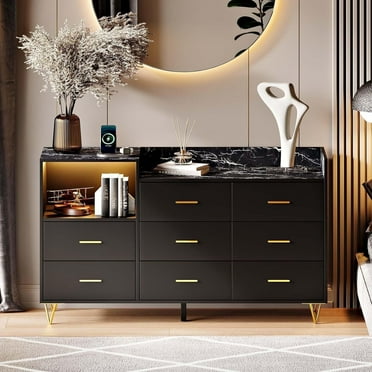 Dresser, Wooden Dresser for Bedroom, 8 Drawer Dresser with Charging Station, Black