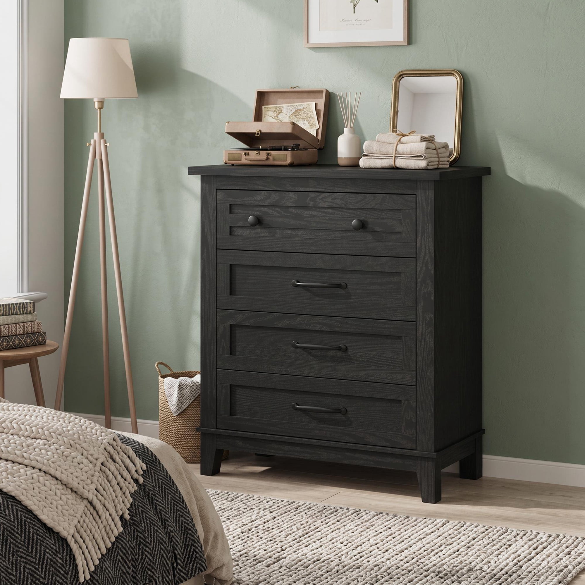 Dresser for Bedroom, 4-Drawer Chest of Drawers, Wooden Storage Dresser with Large Drawers for Living Room, Black