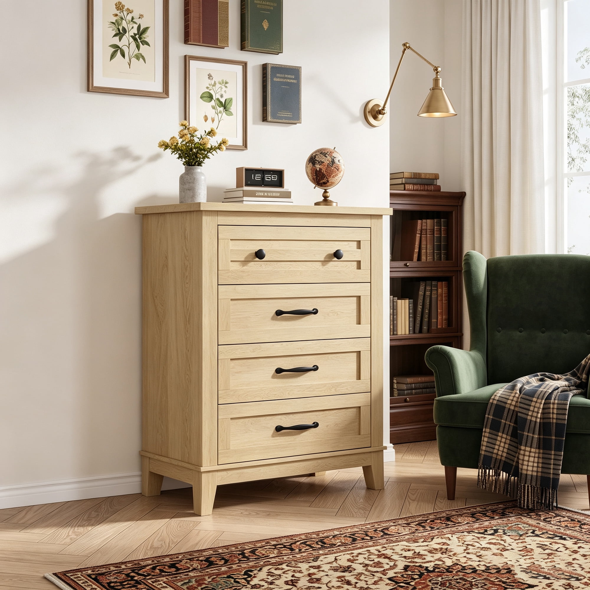 Dresser for Bedroom, 4-Drawer Chest of Drawers, Wooden Storage Dresser with Large Drawers for Living Room, Natural