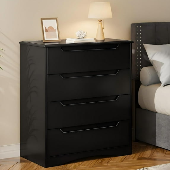 Dresser for Bedroom, 4 Drawer Dresser, Chest of Drawers with Large Storage Capacity, Cutout Handles, Deep Drawers, Smooth Metal Rail, Black