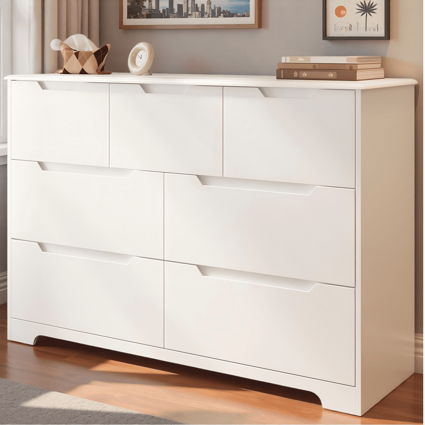 47" Wide Modern Dresser, Lofka 7-Drawer Storage with Thick Top & 14" Deep Drawers (3 Small + 4 Large), Smooth Glide, No-Handle Design, Easy Assembly, Anti-Tip