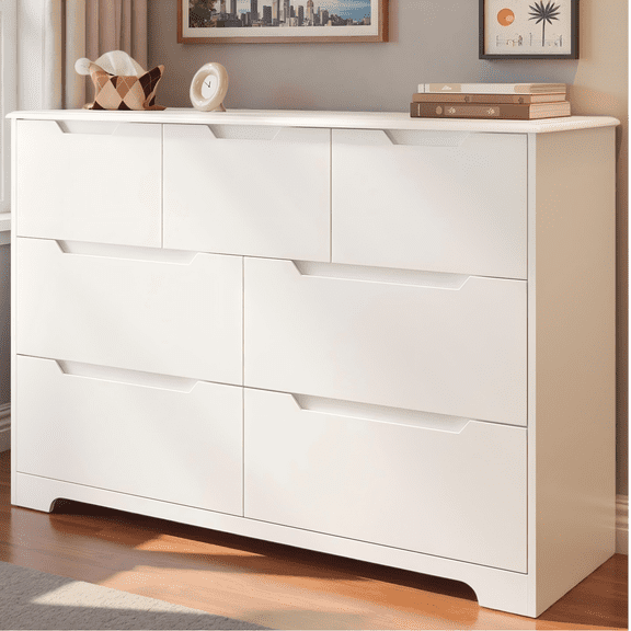 47" Wide Modern Dresser, Lofka 7-Drawer Storage with Thick Top & 14" Deep Drawers (3 Small + 4 Large), Smooth Glide, No-Handle Design, Easy Assembly, Anti-Tip
