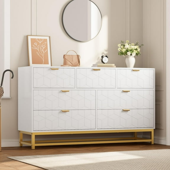 Dresser for Bedroom, 53.5" Modern 7 Drawer Dresser with Gold Handles and Metal Legs, Dressers & Chest of Drawers for Hallway, Entryway
