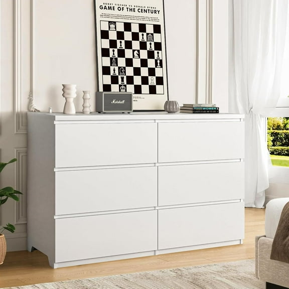 Dresser for Bedroom,6 Drawer Closet Dresser Storage Organizer,Wide Storage Chest of Drawer,Wood Long Nightstand with Drawers