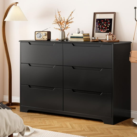 Dresser for Bedroom,6 Drawer Double Dresser, Anti-Tip Safety, Modern Wood Chest of Drawers, Black