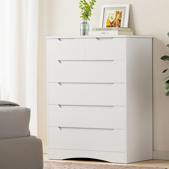 Dresser for Bedroom, 6 Drawers Dresser with Cutout Handles, Wood Storage Cabinet for Living Room, Deep Drawers, Smooth Metal Rail, White