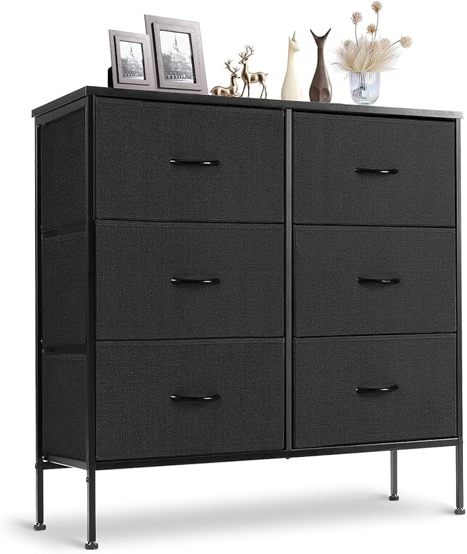 Black Metal Frame 6-Drawer Fabric Dresser with Wooden Top