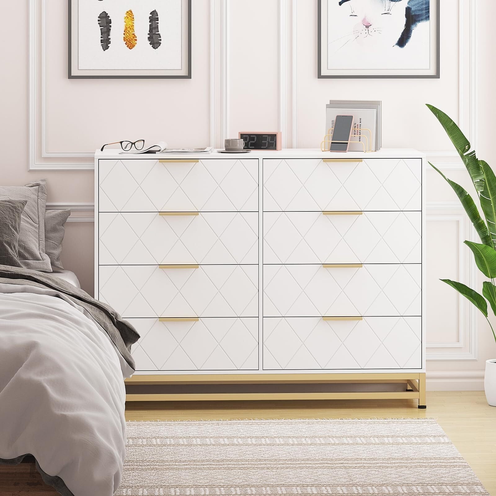 White and Gold 8-Drawer MDF Dresser with Metal Legs