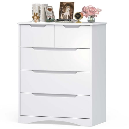 Dresser for Bedroom, Asofer 5 Drawer Dresser with Cutout Handle, Sturdy Wood Storage Cabinet, White