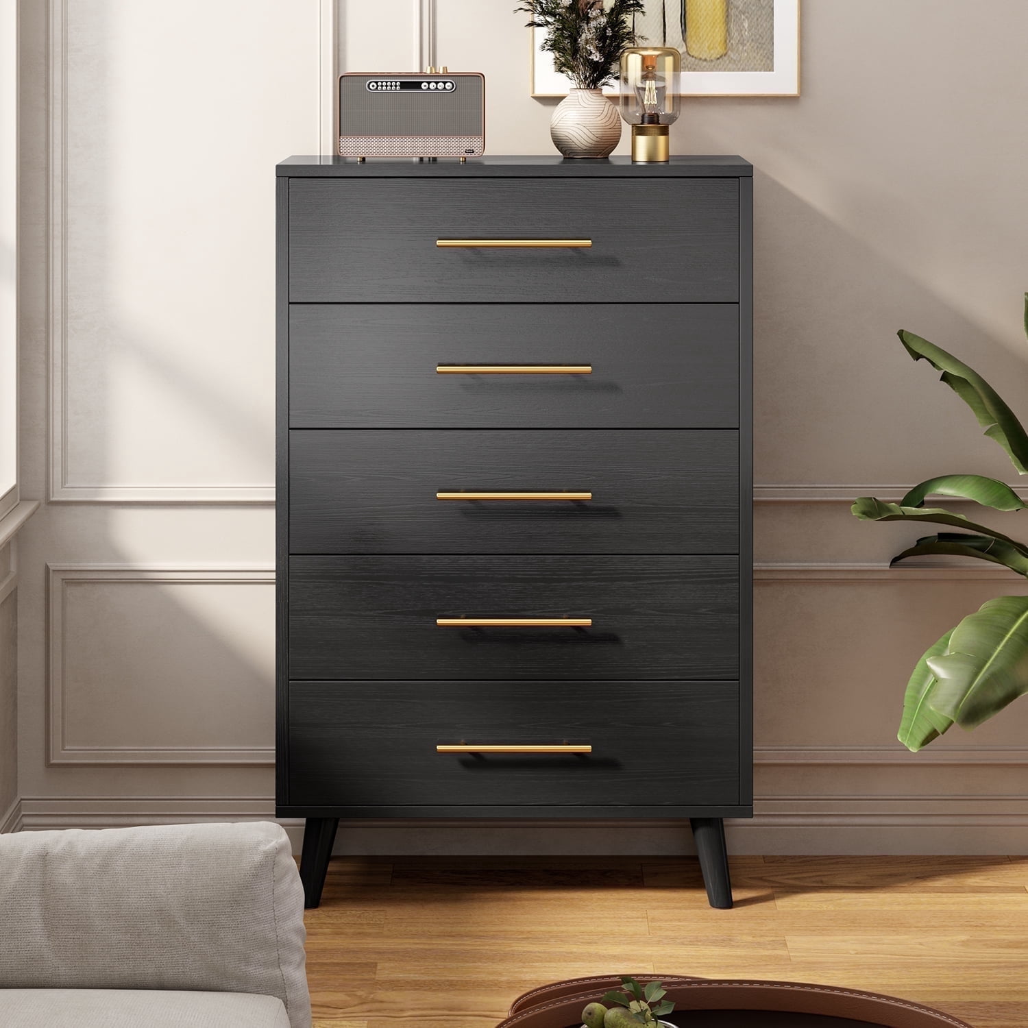 Dresser for Bedroom Clearance, Lofka 5 Drawers Dresser Gold Metal Handle, Wood Storage Cabinet for Living Room, Black