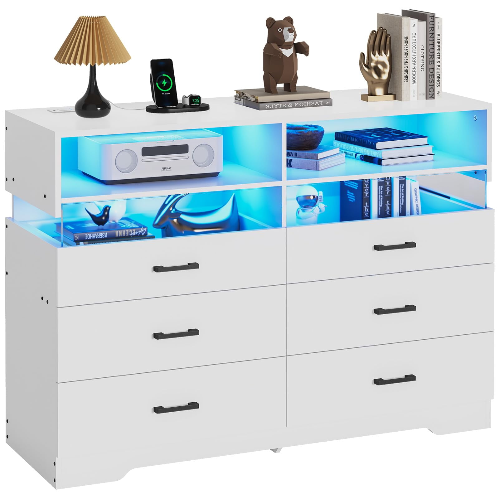 Dresser for Bedroom, Double Dresser with 6 Drawers and Charging Station