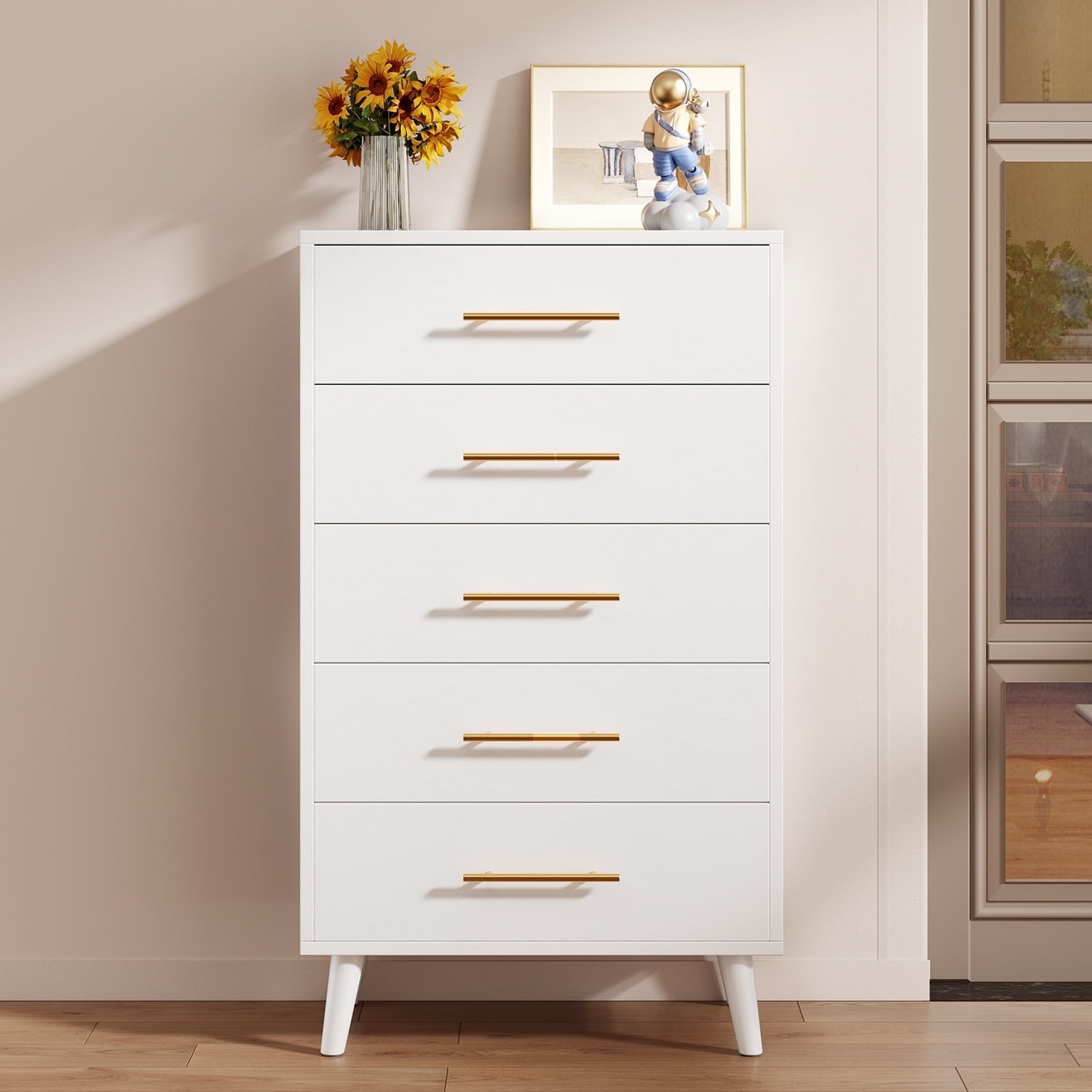 Lofka 5-Drawer Dresser, Gold Metal Handles, Wood Storage Cabinet, White -  Walmart.com