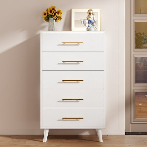 Dresser for Bedroom, Lofka 5 Drawers Dresser Gold Metal Handle, Wood Storage Cabinet for Living Room, White