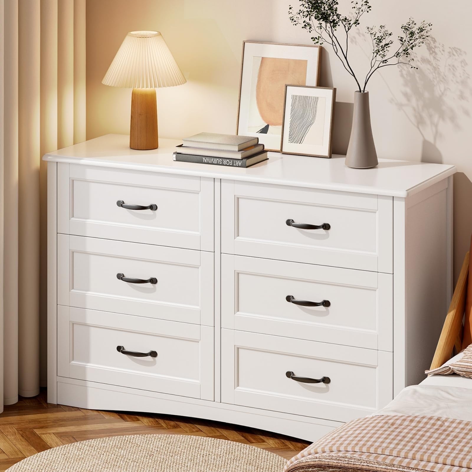 Lofka 6 Drawers Dresser, Solid White Wood Double Chest for Bedroom Living Room