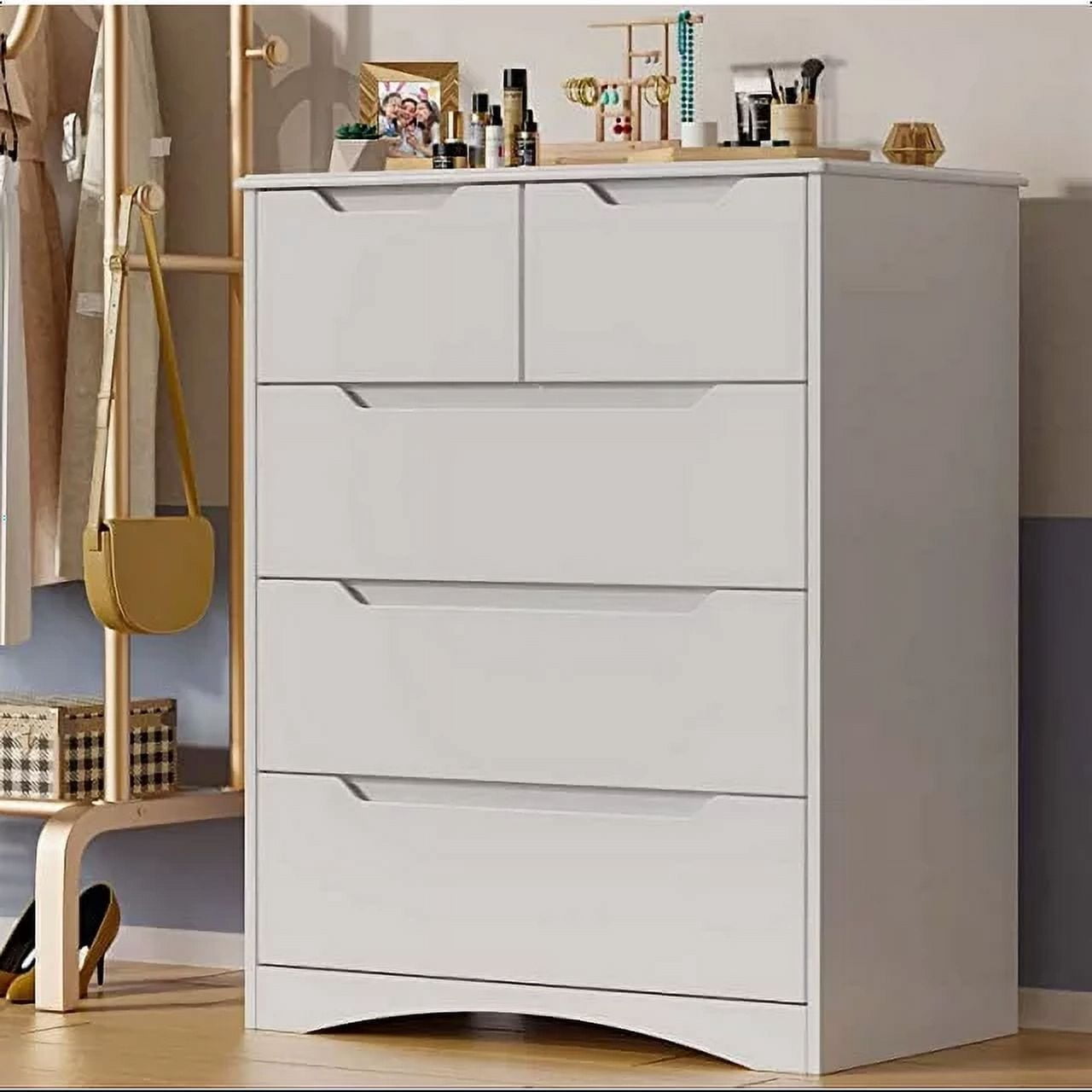 Dresser, Lofka 5 Drawer Dresser for Bedroom with Cutout Handle and Wooden Board, White