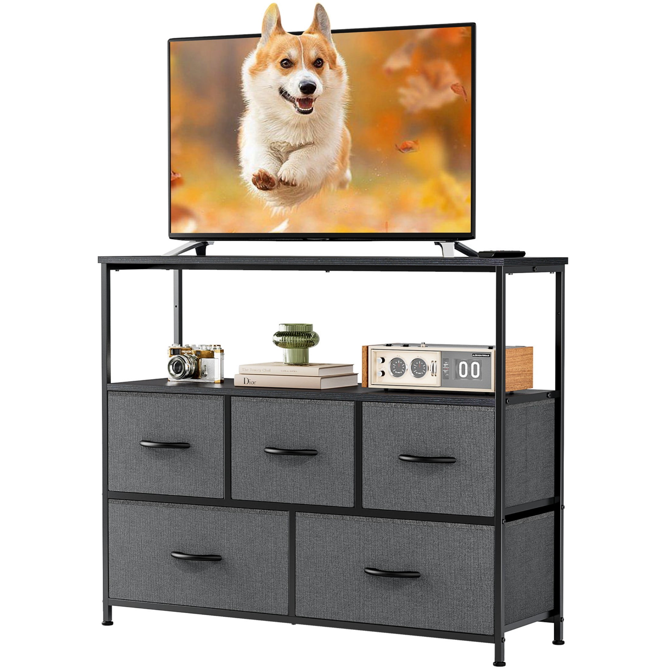 CONCETTA TV Stand Dresser with 5 Fabric Drawers and Open Shelving, Multi-functional Storage Unit Fits TV up to 45 inches for Bedroom Living Room Hallway, Gray