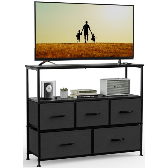 CONCETTA Dresser for Bedroom, TV Stand with Drawers, Fabric Dresser with 5 Drawers and Open Storage Shelf for Living Room, Black