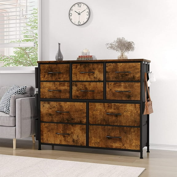 Dresser for Bedroom, Tall Storage Dresser with 10 Drawers & Side Pockets, Fabric Chests of Drawers Organizer