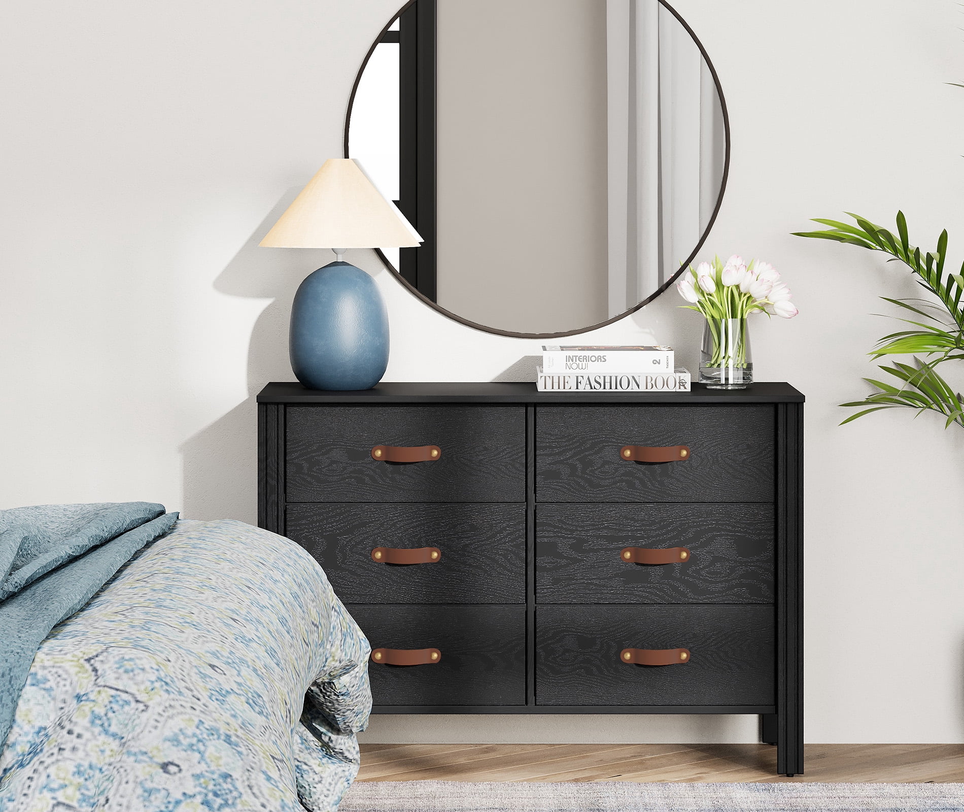 Dresser for Bedroom, Wood Dresser with 6 Drawers, Storage Cabinet for Living Room, Hallway, Black