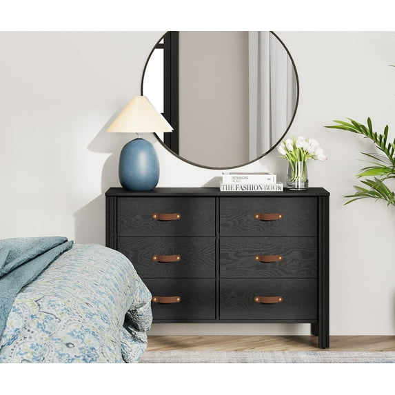 Dresser for Bedroom, Wood Dresser with 6 Drawers, Storage Cabinet for Living Room, Hallway, Black
