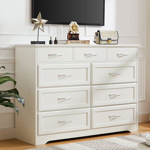 Dresser for Bedroom, Wood Dressers with 9 Drawers, Double Dressers with Metal Pulls, Modern Chest of Drawers for Bedroom, Living Room, White