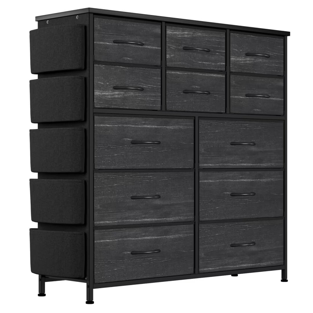 Dresser for Bedroom with 12 Drawers, Wide Fabric Dressers of Drawers with Side Pockets, Chest of Drawers for Living Room, Closet, Hallway, Black