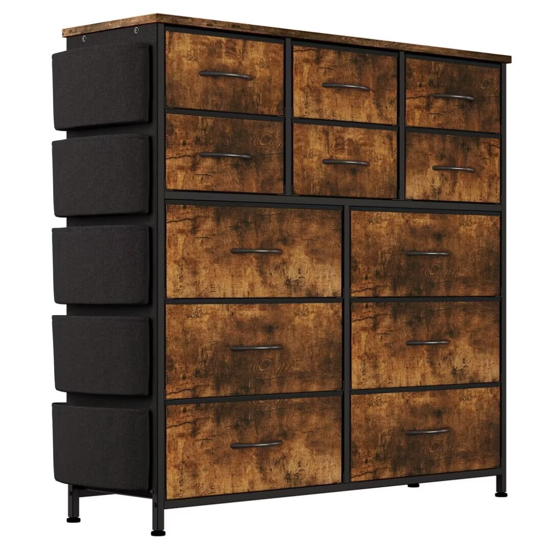 Dresser for Bedroom with 12 Drawers, Wide Fabric Dressers of Drawers with Side Pockets, Chest of Drawers for Living Room, Closet, Hallway, Brown
