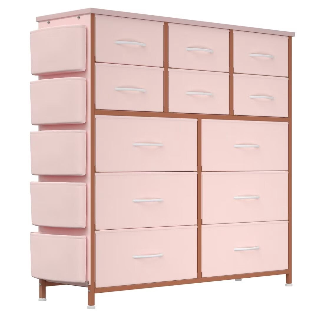 Dresser for Bedroom with 12 Drawers, Wide Fabric Dressers of Drawers with Side Pockets, Chest of Drawers for Living Room, Closet, Hallway, Pink