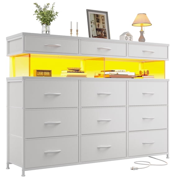 Dresser for Bedroom with 12 Fabric Drawers,Dresser with LED Lights and Charging Station,Chest of Drawer for Entryway,Living Room,Closet,White