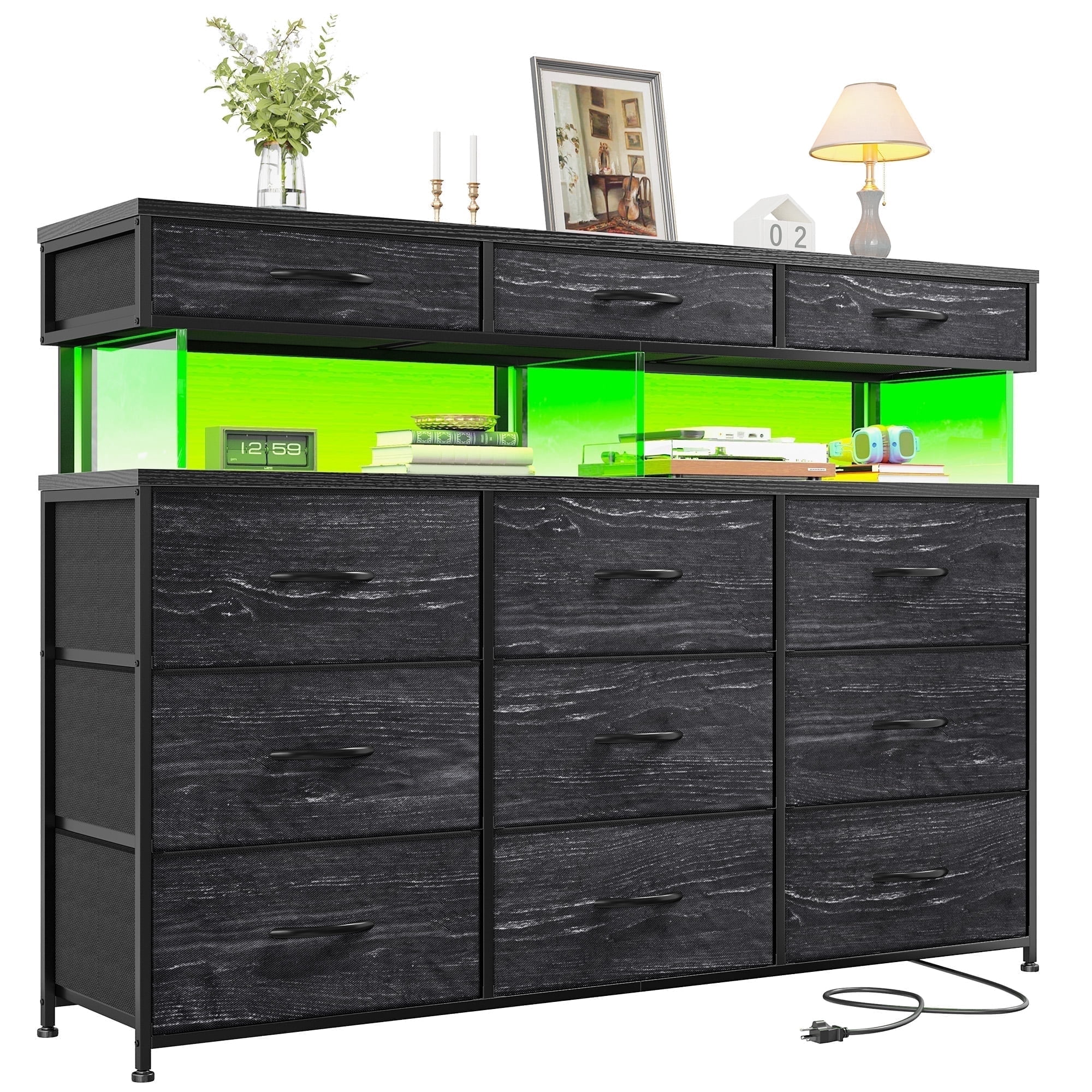Dresser for Bedroom with 12 Fabric Drawers,Dresser with LED Lights and Charging Station,Chest of Drawer for Entryway,Living Room,Closet,White