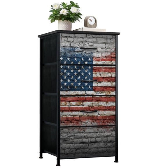 Dresser for Bedroom with 4 Storage Drawers Flag painted brick wall Dressers Chest of Drawers Steel Framed Fabric Closet Organizers for Entryway Dorm