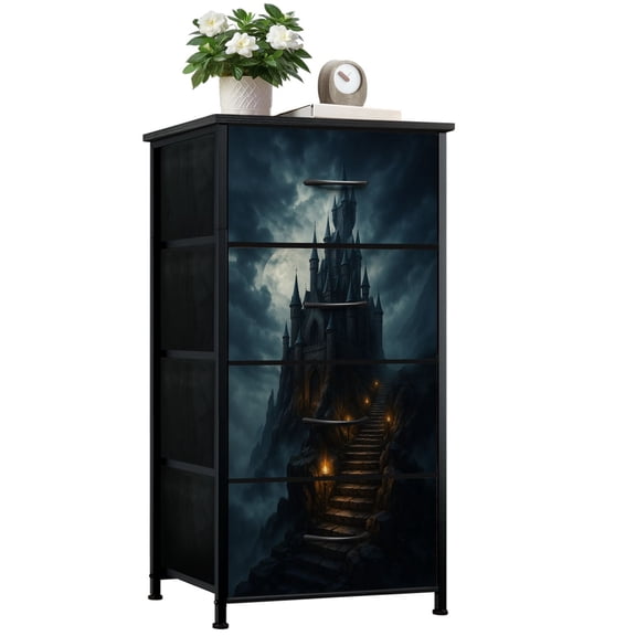 Dresser for Bedroom with 4 Storage Drawers Gothic Castle Mountain Sky Dressers Chest of Drawers Steel Framed Fabric Closet Organizers for Entryway