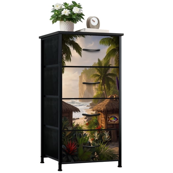Dresser for Bedroom with 4 Storage Drawers Polynesian Beach Hut Dressers Chest of Drawers Steel Framed Fabric Closet Organizers for Dorm Entryway