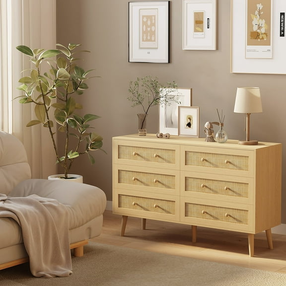 Dresser for Bedroom with 6 Drawer, Boho Natural Rattan Chest of Dressers, Wood Dresser for Bedroom