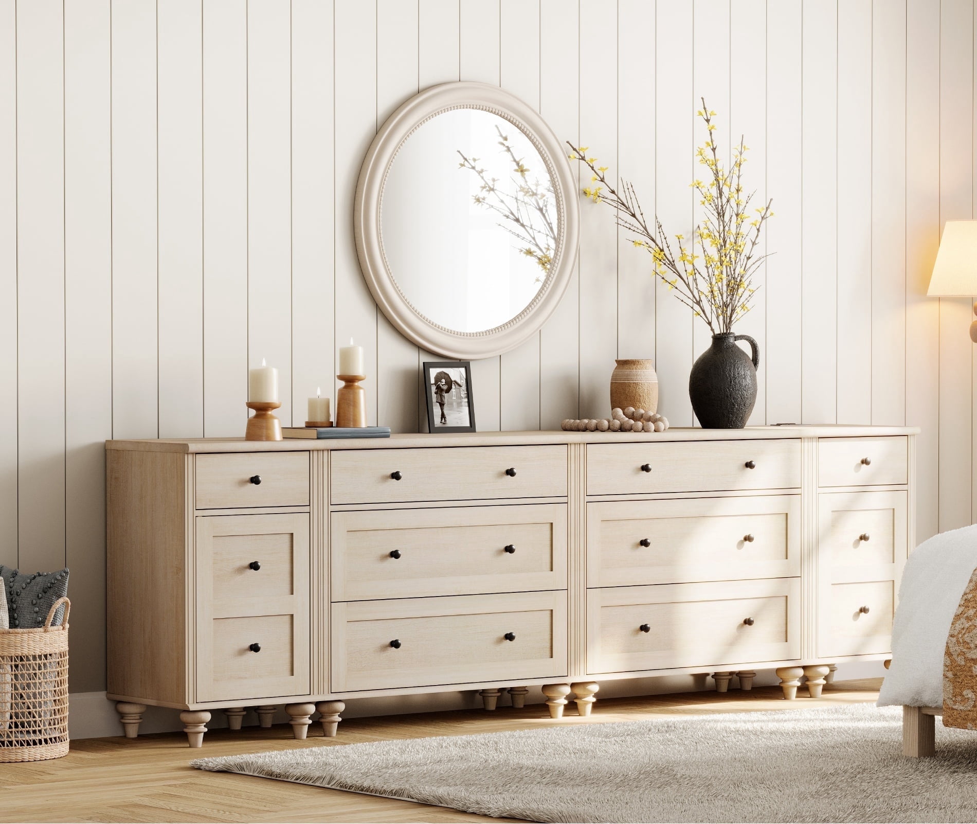 WAMPAT Dresser for Bedroom with 8 Drawers and 2 Storages, Dresser with Charging Station for Living Room, Dressers with Wide 3 Chest of Drawers, for Hallway, Beige