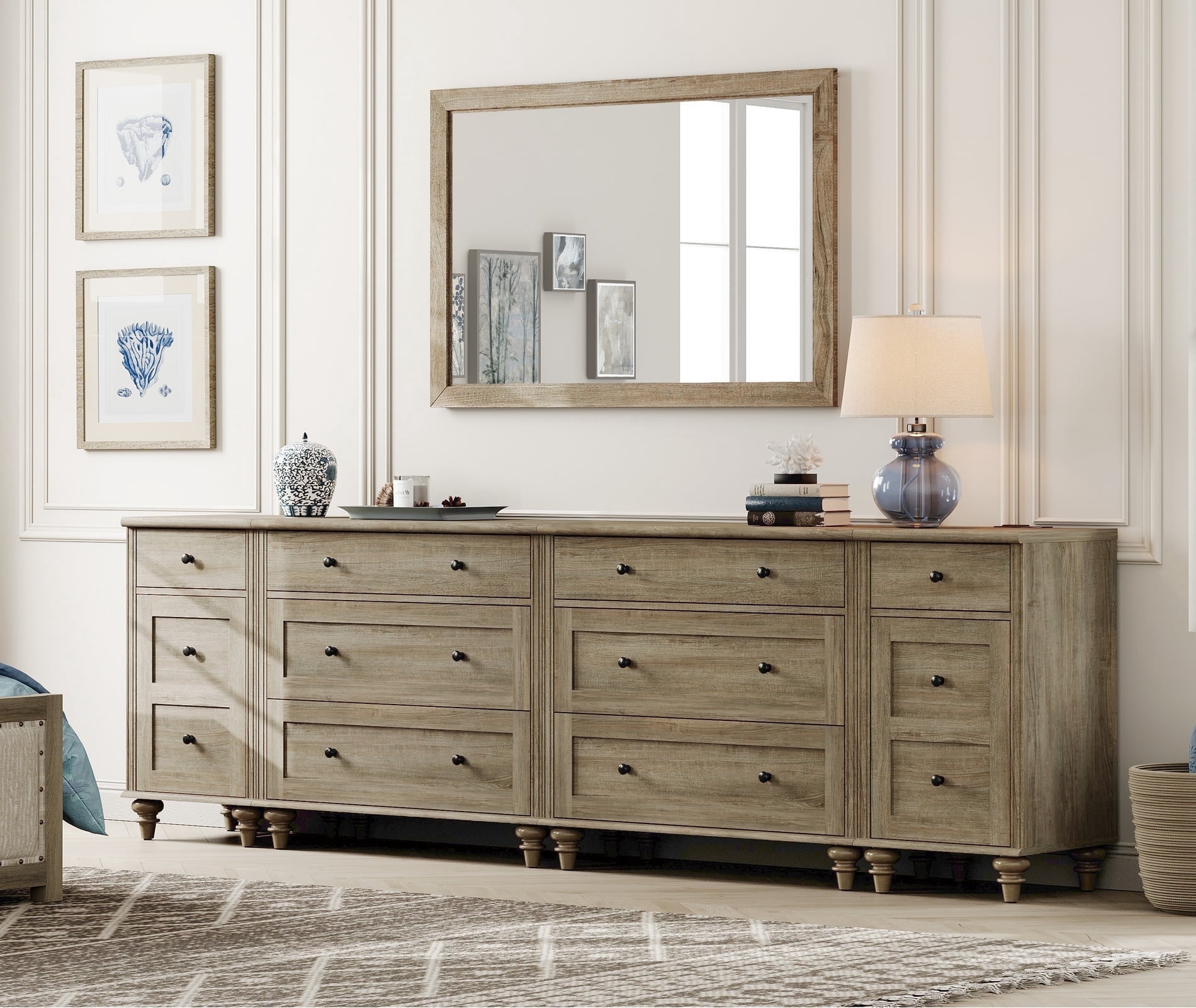 WAMPAT Dresser for Bedroom with 8 Drawers and 2 Storages, Dresser with Charging Station for Living Room, Gray Dressers with Wide 3 Chest of Drawers, for Nursery, Hallway, Wash Grey