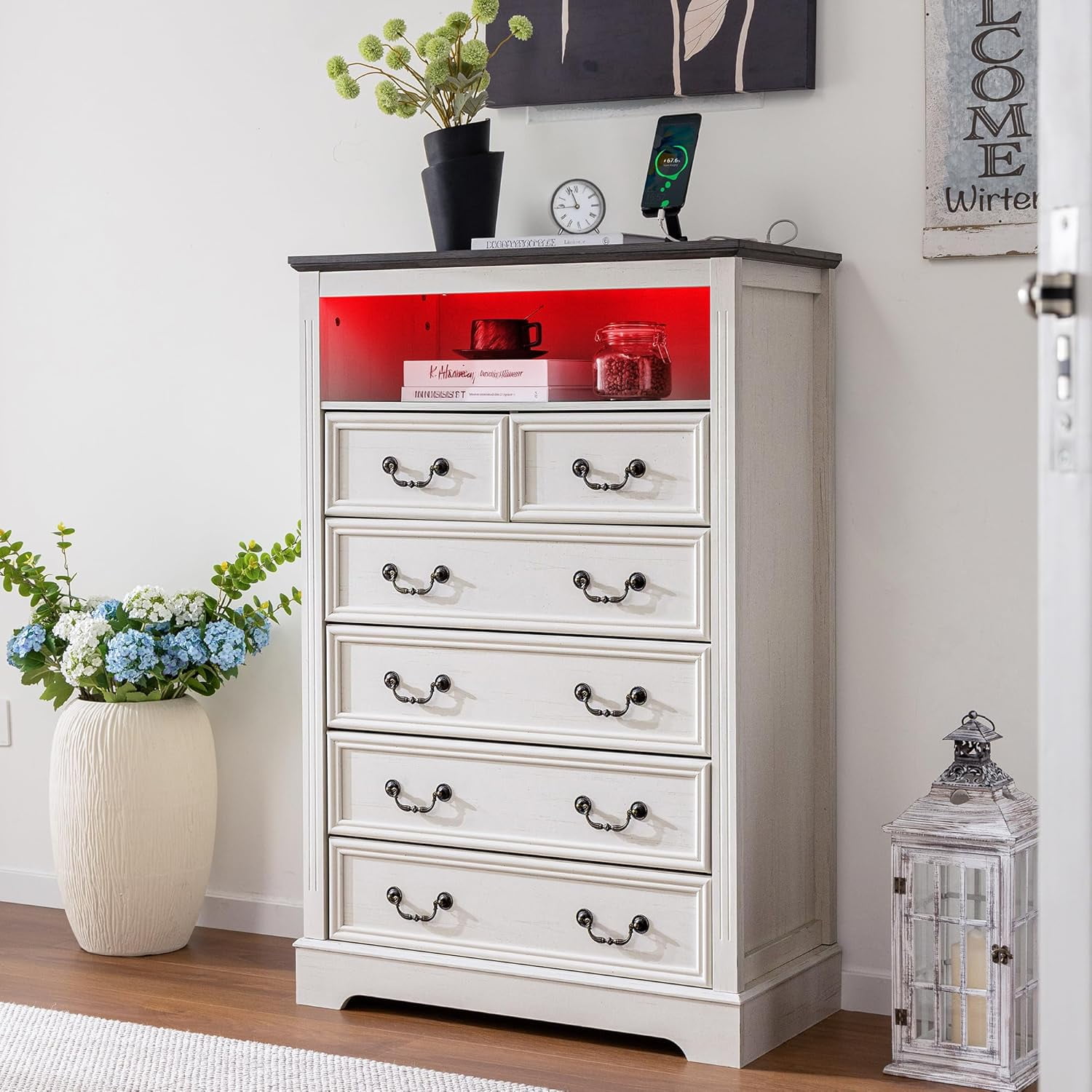 Dresser for Bedroom with Charging Station & LED Light, White Dresser ...