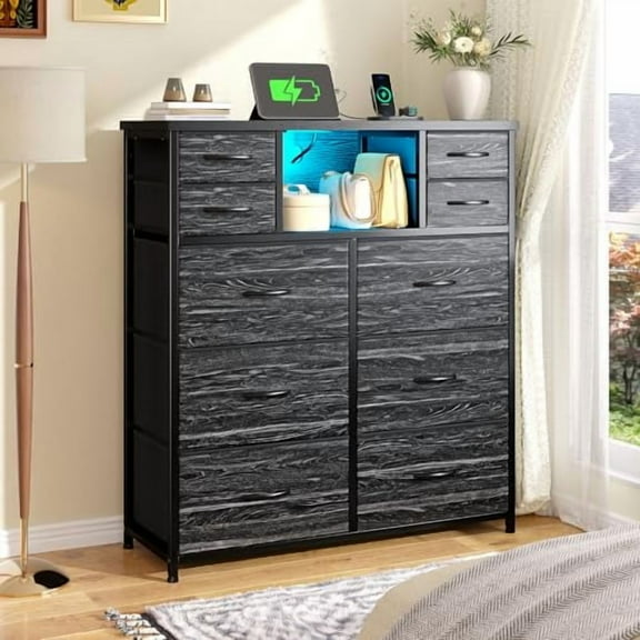 Dresser for Bedroom with Charging Station and LED and 10 Fabric Drawers, Sturdy Bedroom Dresser for Storage, Closet, Hallway (Black)