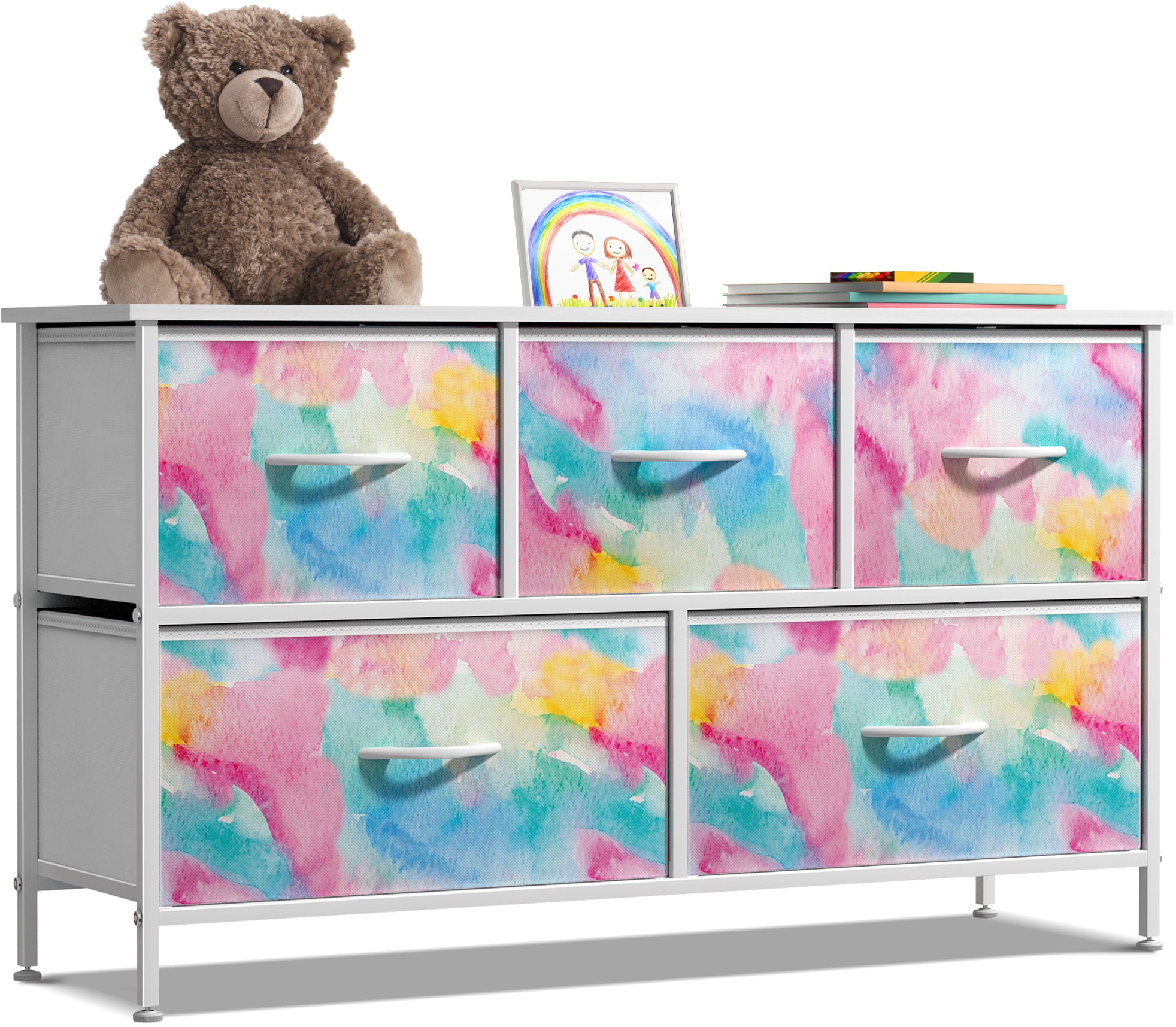 Rainbow Multicolor Watercolor 5-Drawer Nursery Dresser with Handles