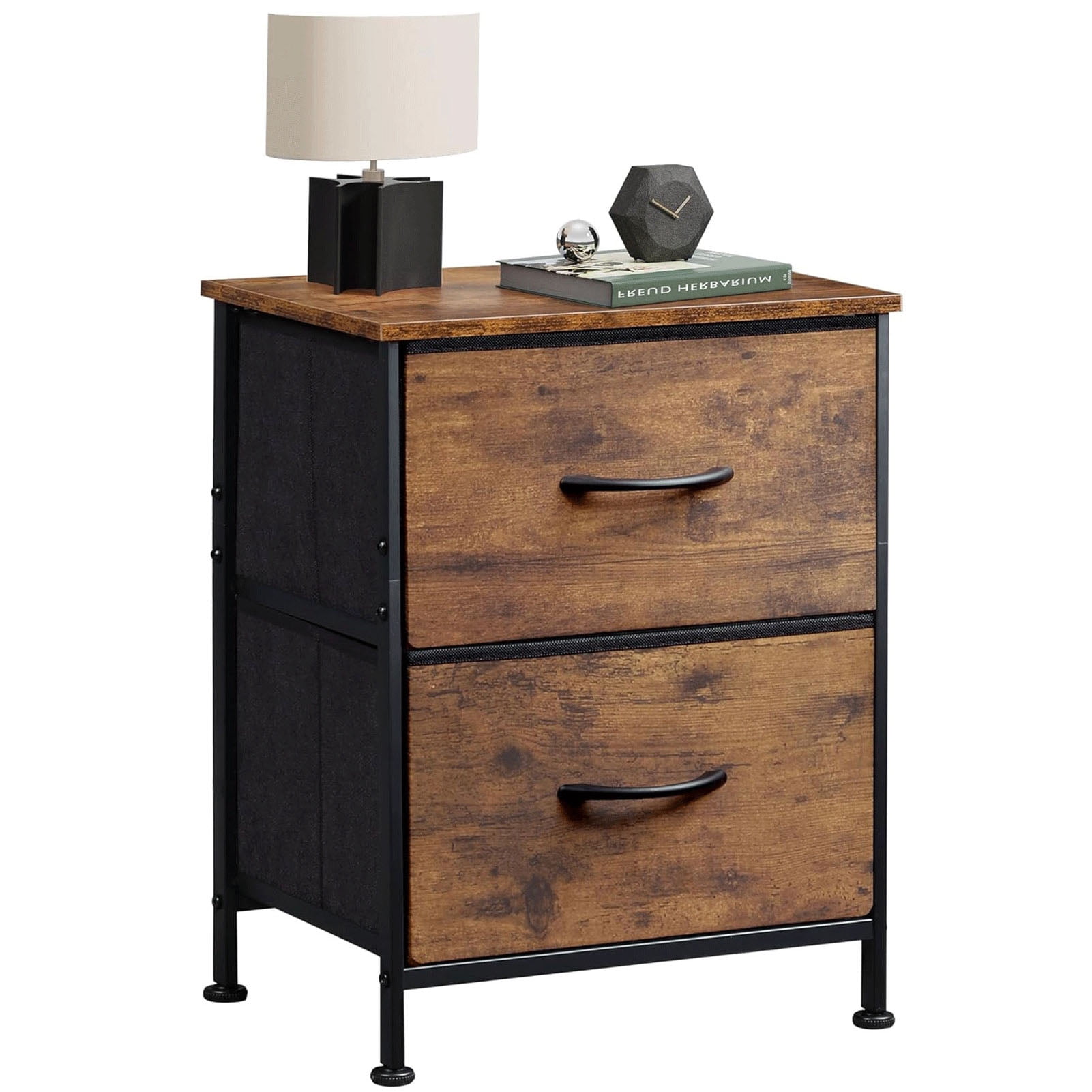 Rustic Brown and Black 2-Drawer Wooden Nightstand