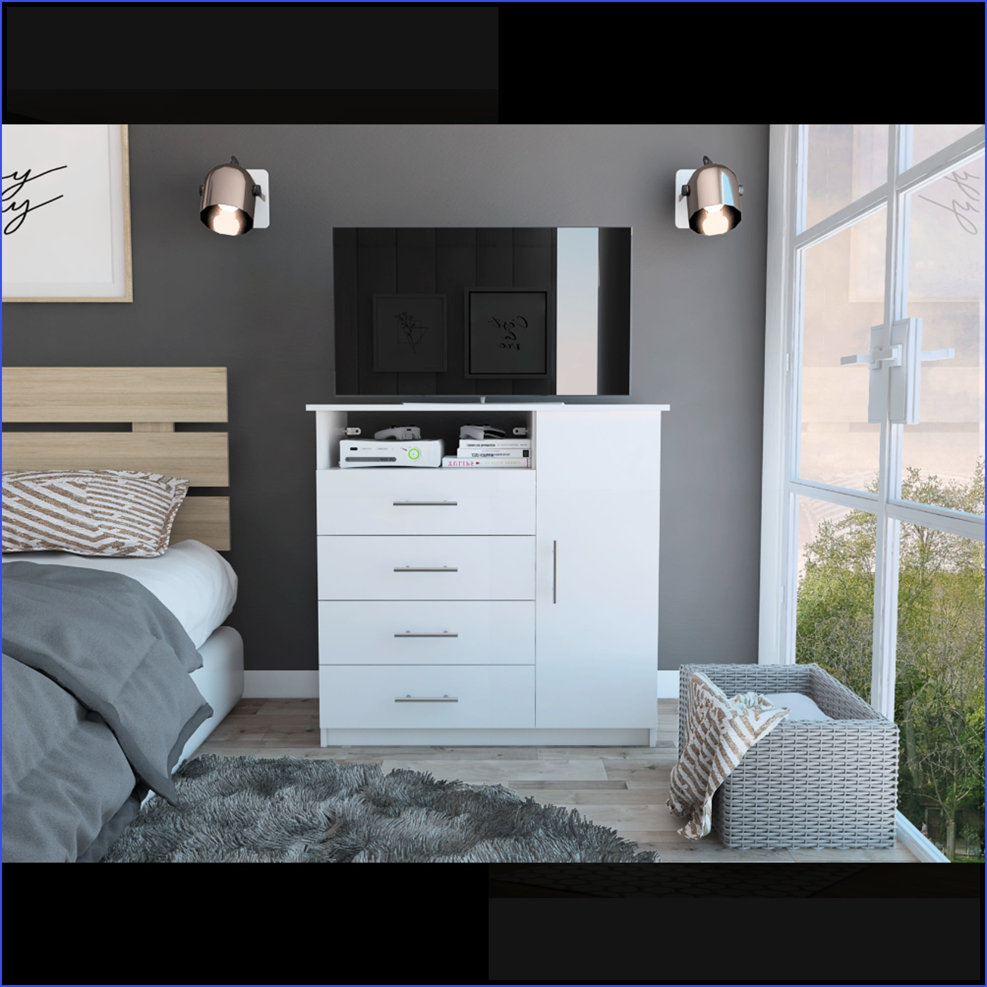 Dresser with 4 Drawers, Cabinet & Open Shelf | White | Particle Board ...