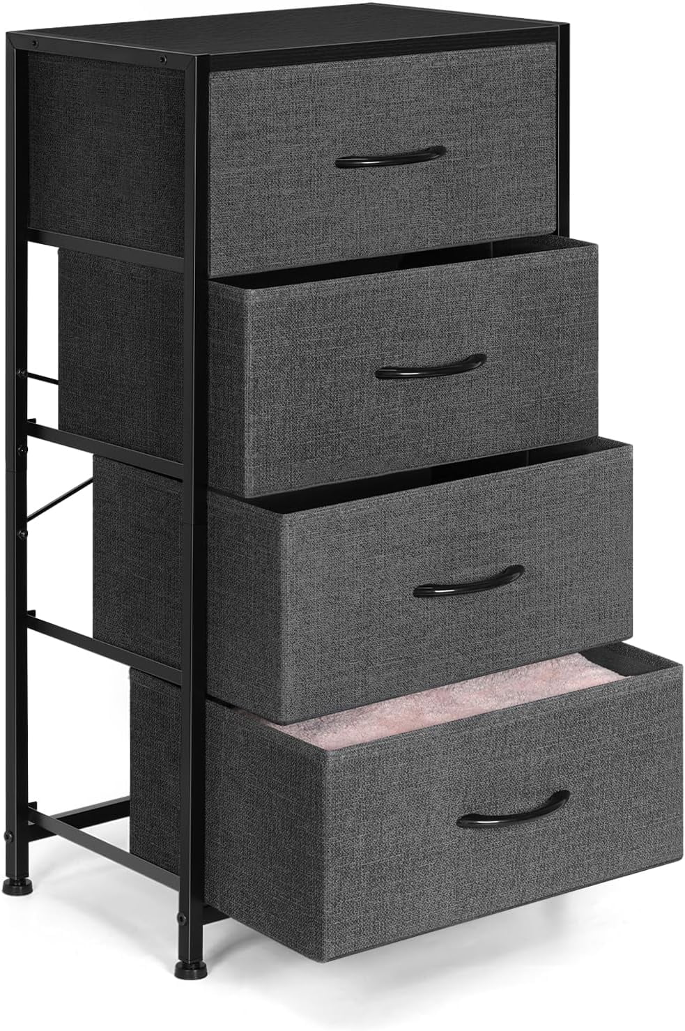 Dresser with 4 Drawers Chest Organizer with Foldable Fabric Bin, Wood Top and Steel Frame, Gray