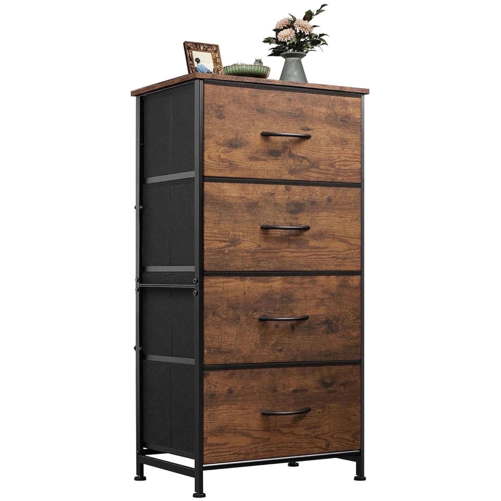 Dresser with 4 Drawers, Fabric Storage Tower, Nightstand Bedside Table Organizer Unit for Bedroom, Living Room, Rustic Brown
