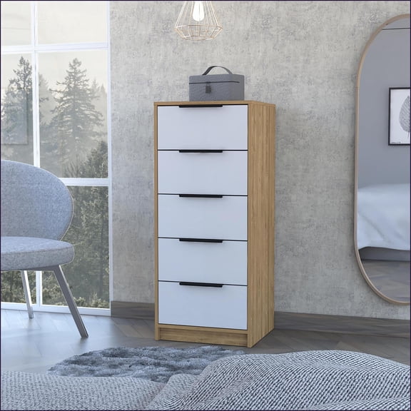 Dresser with 5 Drawers, Rustic-Contemporary White & Light Oak Engineered Wood | Light Oak,White